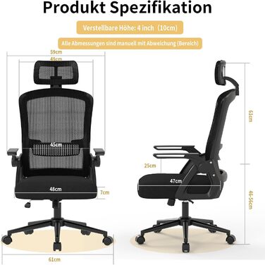 Офісний стіл Naspiro Ergonomic, регульований по висоті, поворотний крісло з дихаючою спинкою з сітки, відкидні підлокітники на 90° та поперекова підтримка, високощільна піна для дому/офісу (Чорний-1, з підголівником)