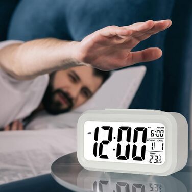 Цифровий годинник-будильник Jsdoin з LED-дисплеєм температури, дати, функції відкладання та індикатором часу, білий