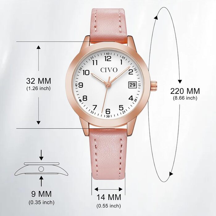 Жіночий аналоговий наручний годинник CIVO з ремінцем зі штучної шкіри, класичний бізнес-стиль з календарем, рожевий