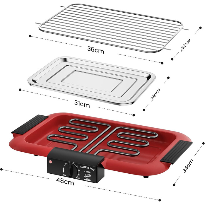 Електричний гриль для столу, BBQ-гриль, бездимний антипригарний гриль для дому та вулиці, 2000W, подвійна труба, портативний, знімний, потужний (Класичний червоний)