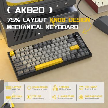Механічна клавіатура YINDIAO AK820 PRO з TFT дисплеєм та кнопкою, 2.4G Wireless/BT5.1/USB-C, 75% ANSI, Hot-Swap, лінійний перемикач, RGB-підсвітка, для PC/MAC (Сірий)