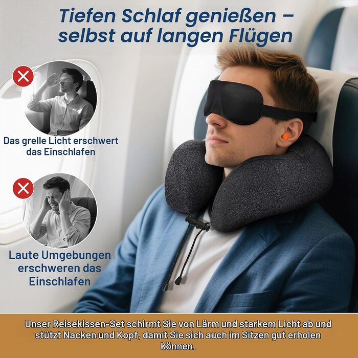 Подушка для подорожей Kobete з ефектом пам'яті (Memory Foam) для шиї, набір для сну в літаку, авто та поїзді: з 3D-маскою, берушами та сумкою, чорна