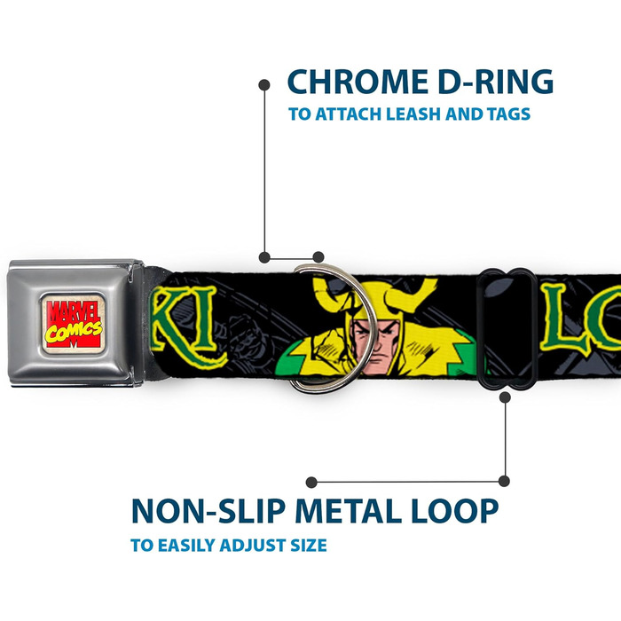 Нашийник для собак Marvel Comics Loki, чорний/сірий/жовтий/зелений, розмір M (11-17 дюймів, 2.5 см)