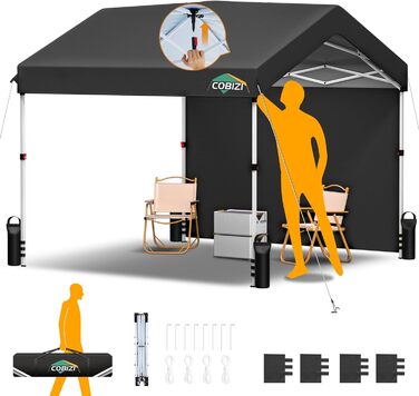COBIZI Gazebo - Folding Gazebo - Waterproof, Stable, 275 cm Party Tent, UV Protection 50+ - Folding Gazebo with Waffle Pattern for Camping, Beach, Family Gatherings (White) (Black, 3x3m with 1 Side Walls)