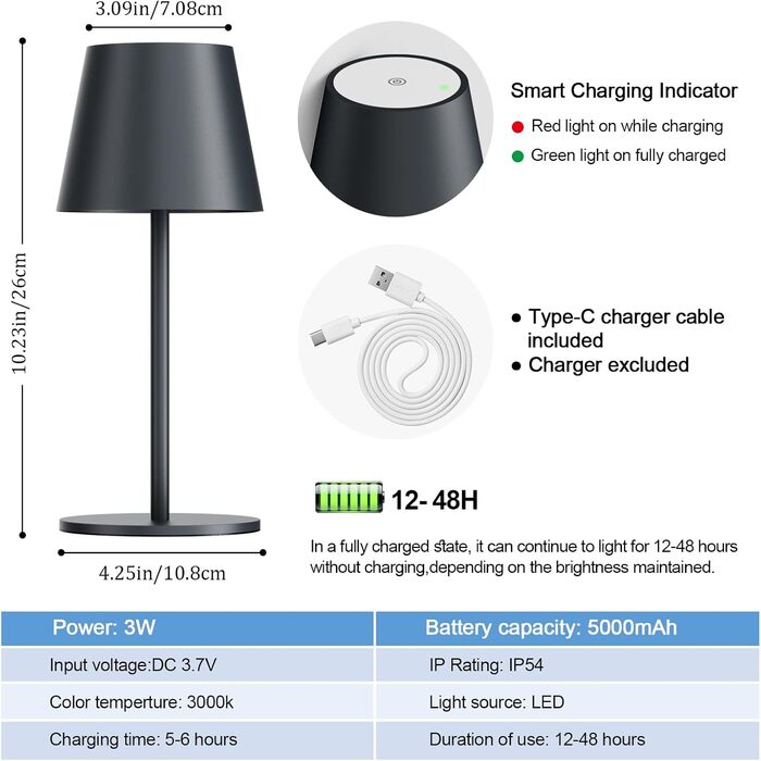 Акумуляторний LED світильник настільний 2 шт, 26 см, 5000mAh, 3W, теплий білий (3000K), водонепроникний IP54, для ресторану, спальні, бару, антрацит