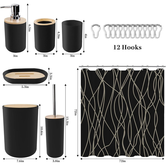 Набір аксесуарів для ванної кімнати Britimes, чорний: шторка для душу, відро, дозатор мила, тримач для унітазу, тримач для зубних щіток та стаканчик для зубних щіток