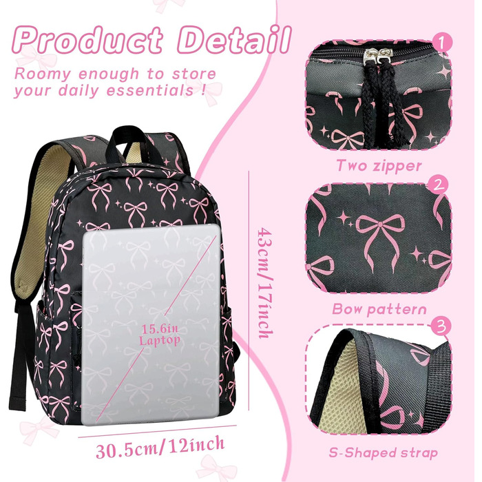 Жіночий рюкзак для ноутбука, шкільний рюкзак, легкий та стильний, чорний/рожевий