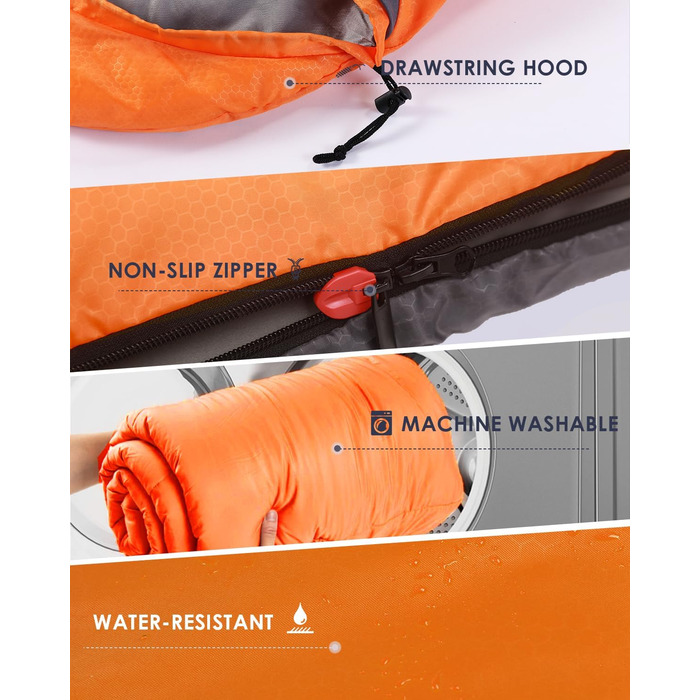 Lightweight Waterproof Sleeping Bag for Adults - Cold Weather Camping & Hiking - Orange