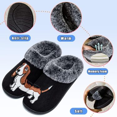 Тапочки домашні жіночі/чоловічі з вишивкою у вигляді собаки, теплі, з плюшевою підкладкою, зимові, чорні (42/43 EU)