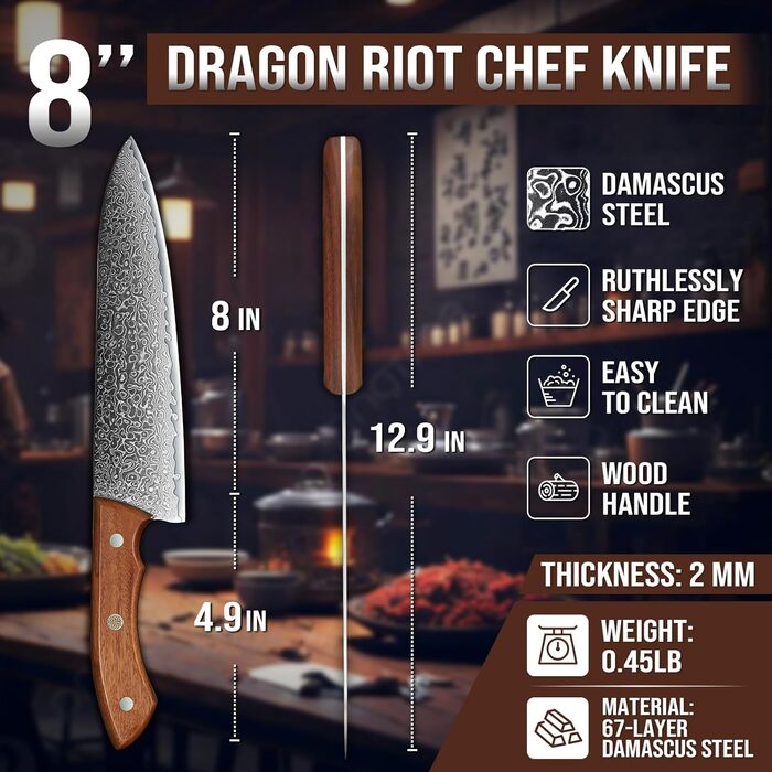 Японський ніж кухарський DRAGON RIOT з дамаської сталі, 20 см, професійний, з подарунковою коробкою