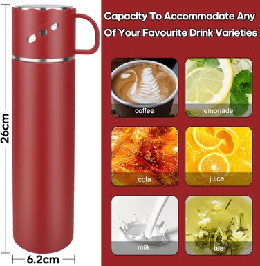 Термокухоль-термос із нержавіючої сталі 550 мл з кришкою-чашкою та ручкою, вакуумний термос 12 годин гарячим / 12 годин холодним, нековзний термос для кави в дорогу для спорту, роботи, школи, авто (червоний)