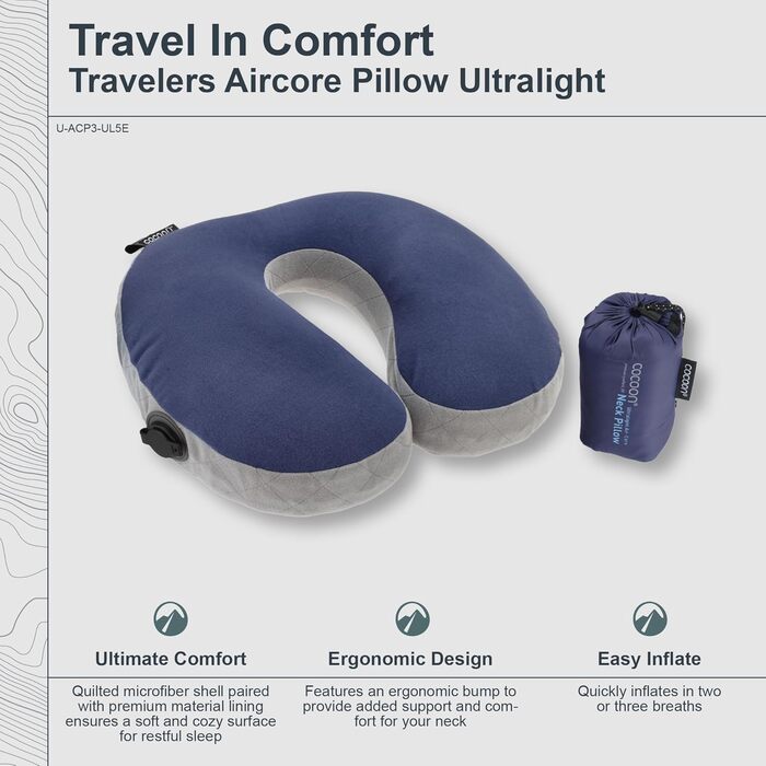 Подушка Cocoon Air Core Ultralight U-подібна для шиї, синьо-сіра