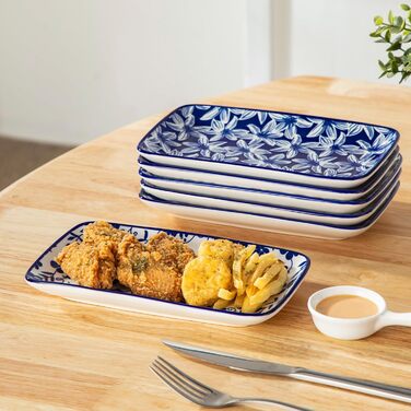 Набір сервірувальних тарілок Vancasso Selene (6 шт.) - великі, прямокутні, порцелянові, для свят, сніданків, фуршетів, сирної тарілки, мікрохвильова піч та посудомийна машина, блакитно-білий колір