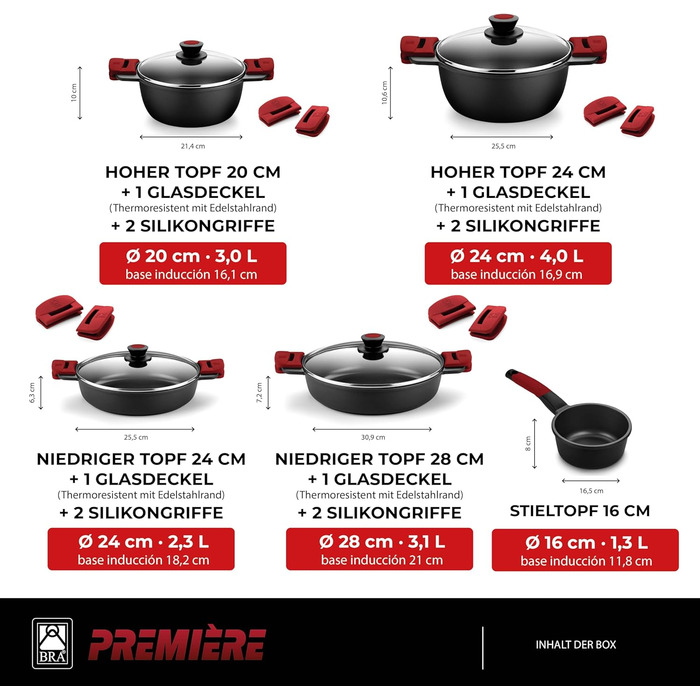 Набір кухонного посуду BRA Premiere 9 предметів з антипригарним покриттям, з алюмінію, знімні ручки, PFOA-free, для всіх типів плит та духовок