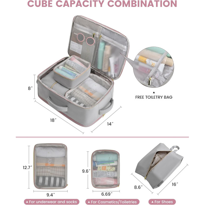 LOVEVOOK Рюкзак для ручної поклажі 40L, жіночий водонепроникний рюкзак для подорожей з відділенням для взуття, рюкзак для ноутбука (17.3 дюйми) сірий+рожевий+бежевий