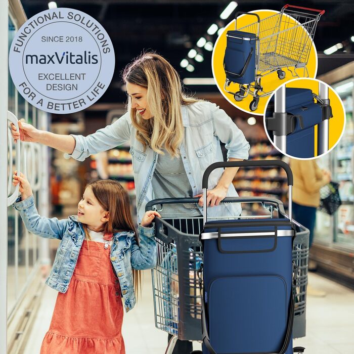 Stair Climber Shopping Trolley with Cooler Compartment, Folding Shopping Cart, Height-Adjustable Shopping Trolley, Reflectors, Removable 43 L Bag, Hackenporsche (Stair Climber Trolley, Navy)