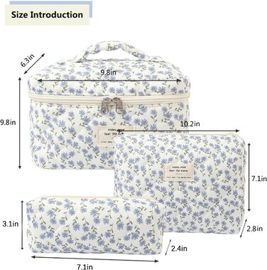 Косметичка для жінок, набір 3 шт. велика бавовняна косметичка для подорожей, органайзер для макіяжу, косметична сумочка з квітковим візерунком (блакитна павічева квітка)