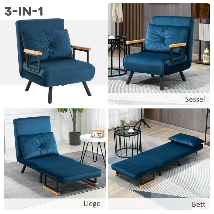 HOMCOM Sleeper Sofa Recliner Bed Function Guest Bed Velvet Backrest Cushion Adjustable Backrest Blue 63x73x81cm | Aosom