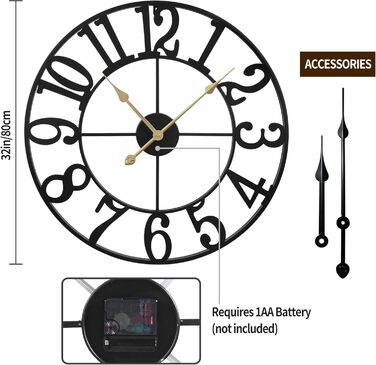 Maxstar Modern Roman Numeral Large Wall Clocks, Non-Ticking Round Metal Silent Vintage Wall Clock for Living Room, Kitchen, Bedroom, Garden Decor-Gold (Black Arabic, 80CM)