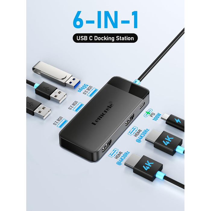 Lemorele Док-станція USB C з хабом Dual HDMI, 2025 Upgrade, 2*HDMI, 3 USB 3.0/2.0, PD 100W, сумісна з Windows, MacBook, Dell, HP, Surface