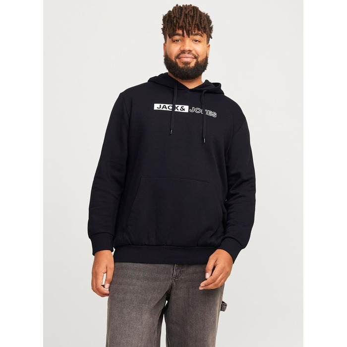 Чоловічий теплий худі з принтом JACK & JONES JJEOGO Basic — чорний, великий розмір (8XL), регулярний крій