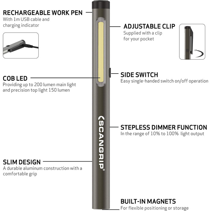 LED-ручка-ліхтар WORK PEN 200 R 20-200 лм Li-Ion SCA NGRIP, різнокольорова