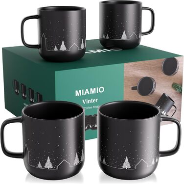 Набір з 4 чашок MIAMIO для святкування Різдва, 500 мл, чорний колір / Кавові чашки на Різдво, мінімалістичний зимовий мотив, подарунок на Різдво, безпечні для миття в посудомийній машині та використання в мікрохвильовій печі – Vinter Collection
