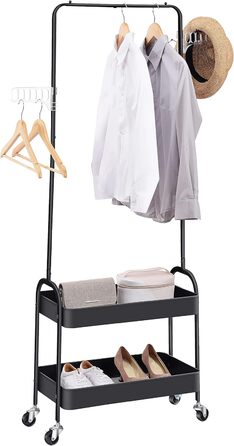Metal Clothes Rack with 2 Shelves and Clothes Rod on Wheels, Wardrobe Stand for Bedroom, Living Room, Hallway at Home and the Office (White/Black)