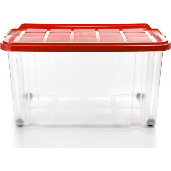 BigDean 4-Piece 60L Storage Box with Lid Large Steel - Stackable, Robust Box, BPA-Free - Rollable Stack Box with Secure Click Closures - Made in Germany (Red Transparent)