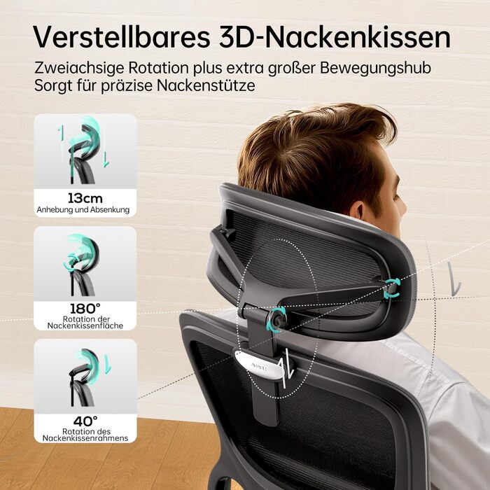 Hbada P2 Air Ergonomic Office Chair with 3D Lumbar Support, Adjustable Headrest & Armrests, Mesh Back, for Home & Office - Black (Luxury Edition)