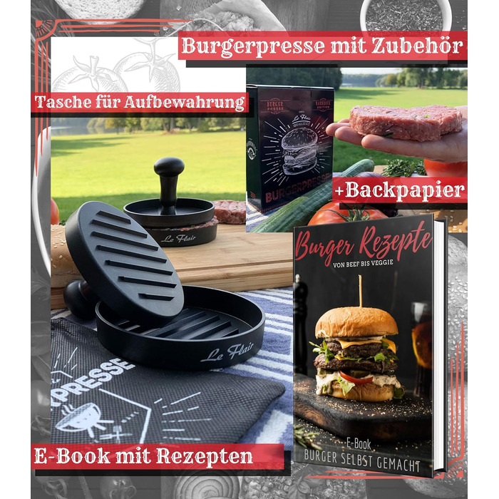Пресс для бургерів Le Flair® з алюмінію: преміум-якість, з чохлом та 50 аркушами паперу для випікання. Ідеальний подарунок для гриля. Чорний колір.