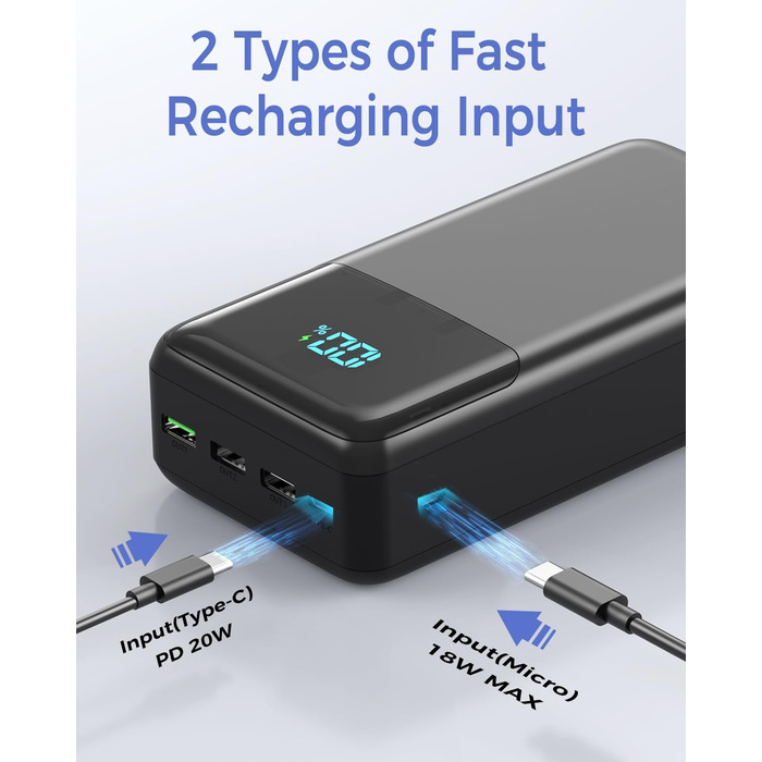 Power Bank 60000mAh з LED дисплеєм, 22.5W швидка зарядка, 4 виходи USB-C, чорний