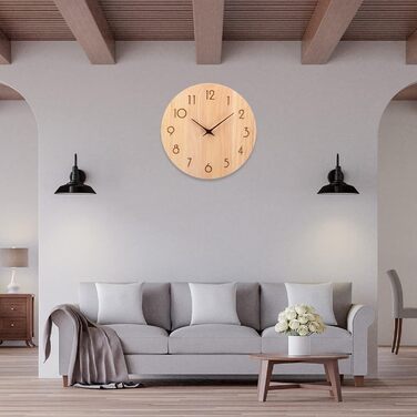 ACCSHINE Wall Clock Wood Oak Silent No Ticking Sound 30cm Quartz Large Easy to Read for Living Room Kitchen Bedroom Office School (Wood Color - Arrow Hands)