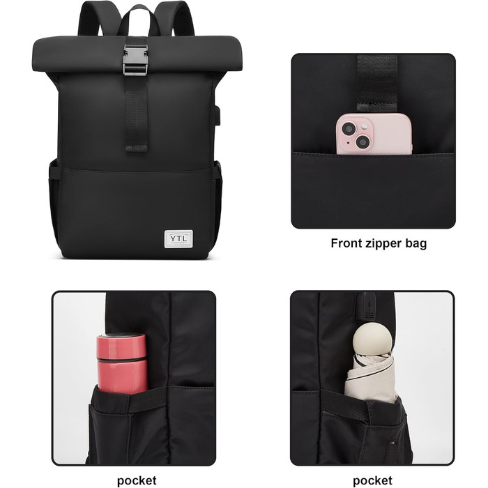 Чорний водонепроникний рюкзак YTL Rolltop з відділенням для ноутбука 17 дюймів. Ідеальний для подорожей, школи, університету та велоспорту.