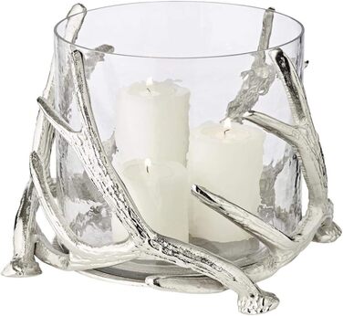 EDZARD Hurricane Candle Holder Kingston, Deer Antler Design, Silver, Nickel-Plated Aluminum, with Glass, Height 13 cm, Diameter 15 cm (Height 20 cm, Diameter 25 cm)