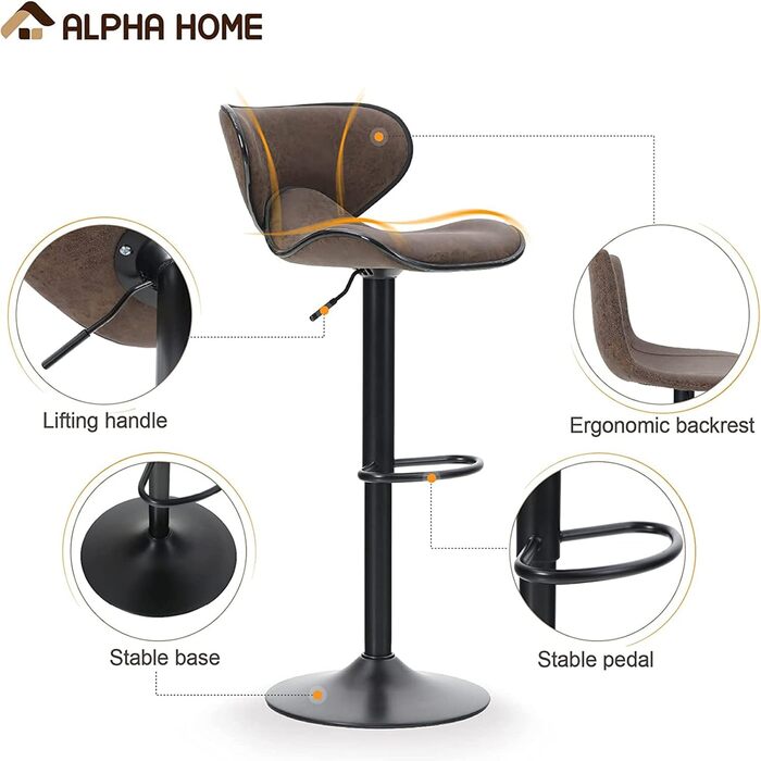 Alpha Adjustable Height Bar Stools 2-Pack - Swivel PU Leather Kitchen Bar Chairs with Footrest - 160KG Capacity (Brown)
