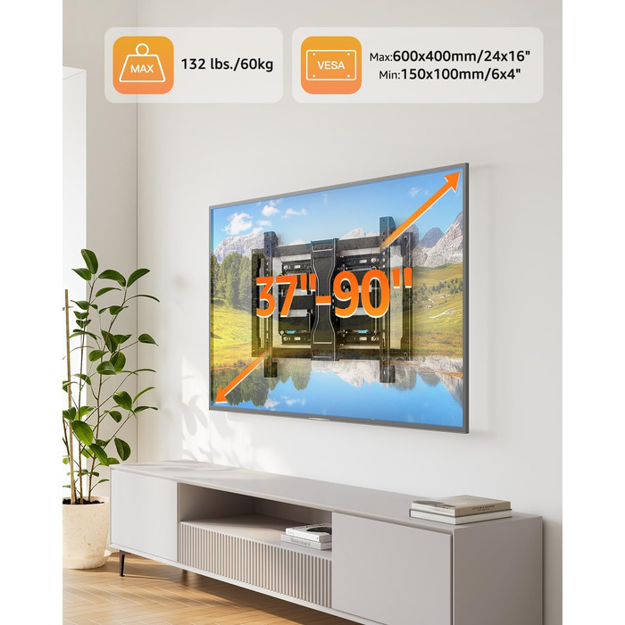 Настінне кріплення для телевізора ELIVED Ultra Slim 37-90 дюймів, поворотне, VESA 600x400, до 60 кг