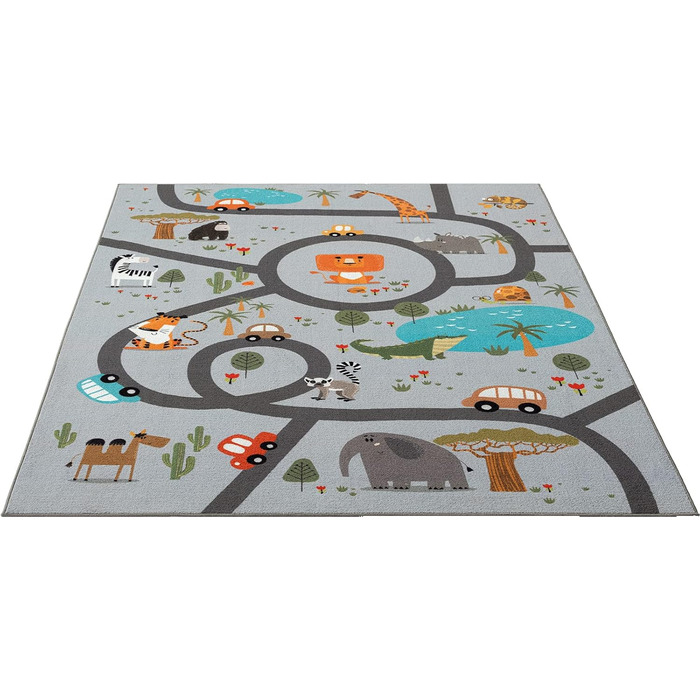 Дитячий килим Happy Life: Ігровий килим з мотивом доріг, джунглів, тварин та автомобілів, антиковзкий, легкий у догляді, 80x150 см (200x290 см, джунглі-сірий)