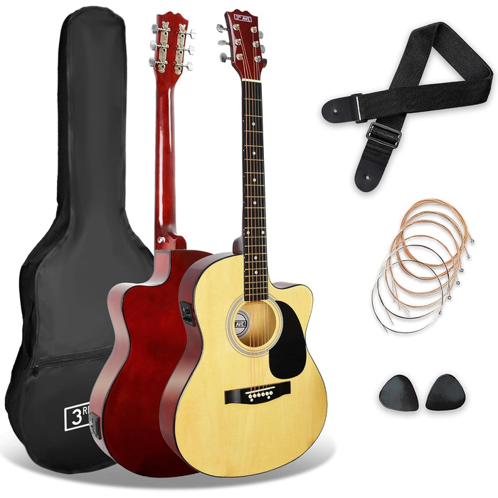 3rd Avenue 4/4 Вестерн-гітара (набір) з вирізом, для початківців – 6 місяців безкоштовних уроків, чохол, ремінь, медіатори та запасні струни – натуральний колір, електроакустична