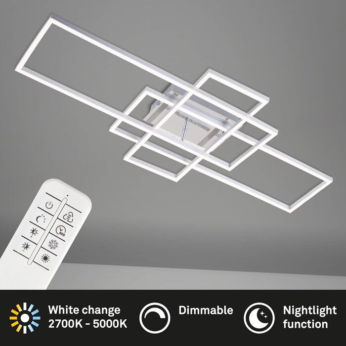BRILONER - LED Ceiling Lamp with Remote Control, Dimmable, Adjustable from Warm White to Neutral White, Lamp, LED Ceiling Light, Living Room Lamp, Bedroom Lamp, Kitchen Lamp, 104x42x10 cm, Chrome-Aluminum