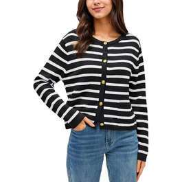 Жіноча коротка в'язана куртка з двома кишенями на ґудзиках, смугастий пуловер, стильна осіння кардиган, круглий виріз, модна в'язана кофта XL чорного кольору