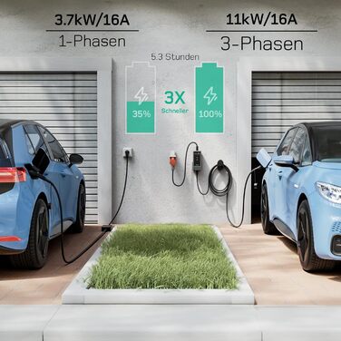 Зарядна станція для електромобілів Dé Mobile 11 кВт (6 м) з регулюванням потужності, кабель CEE 16A на Typ 2, сумісна з Model Y/3, ID.3/4/5, MG4, EX30, e-up, e-tron та BEV/PHEV