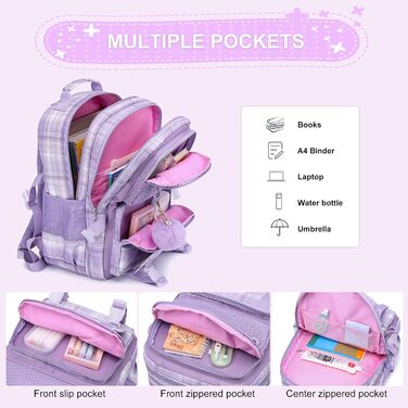 Рюкзак KEBEIXUAN для дівчаток, шкільна сумка 1-5 клас, дихаючий рюкзак з помпоном, фіолетовий + ланч-бокс + пенал