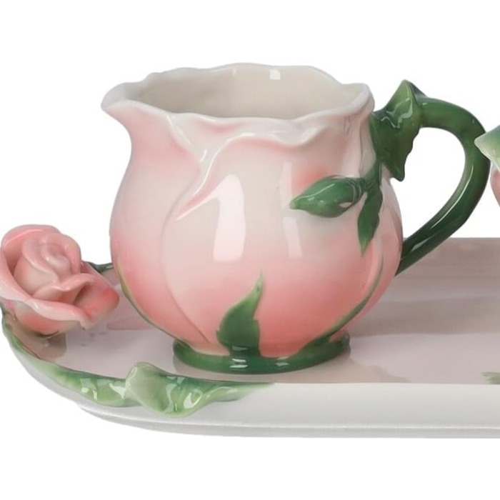 Keyhome store - Set of Milk Jug and Sugar Bowl in Ceramic, pink with box and tray, ideal for coffee breaks - Milk Jug 7 x 11 cm - Sugar Bowl 11 x 13 cm