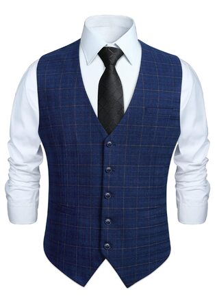 Жилет для чоловіків HISDERN з візерунком у клітинку, блакитний, бавовна | Формальний костюмний жилет