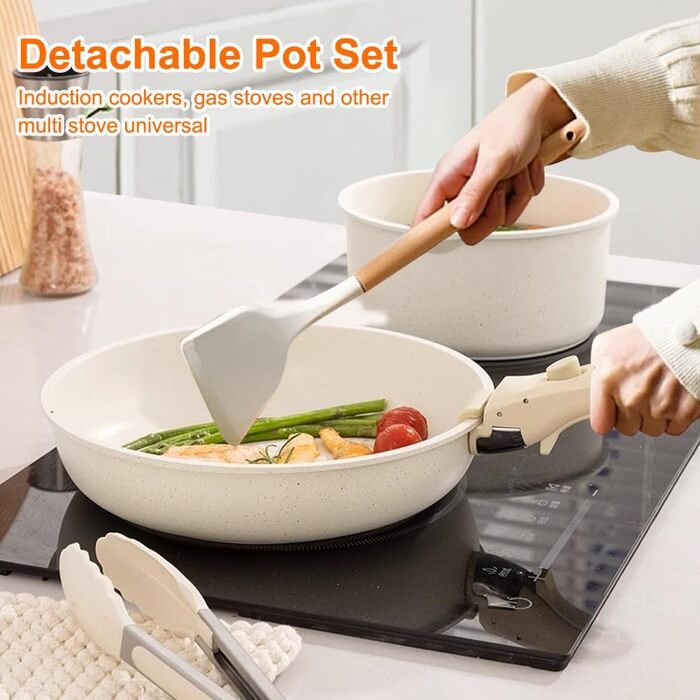 Набір каструль та сковорідок 5 шт. з знімним ручками, антипригарне покриття, підходить для індукційних плит, духовки та всіх типів плит