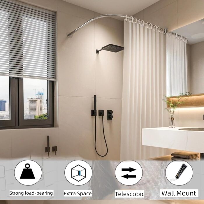 Штанга для душу без свердління, L-подібна, регульована, з нержавіючої сталі, для ванної кімнати та гардеробної (75-95 x 75-95 см), срібна