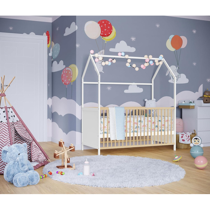 Bellabino Nika Babybett in Hausoptik 70 x 140 cm, crib and house bed for children and babies made of solid pine wood in blue, 3-fold height adjustable including slatted base.