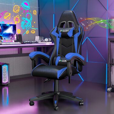 Ігрове крісло Bigzzia Gaming Stuhl з Bluetooth-динаміками, відкидний підголівник 90-135°, ергономічний дизайн (Синій)