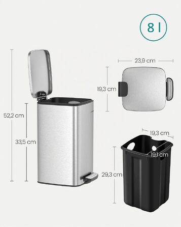 Смітник для ванної кімнати SONGMICS PLUSHIC LTB590B0602, педальний відро з кришкою Softclose, сталевий, 8 л, сріблястий металік